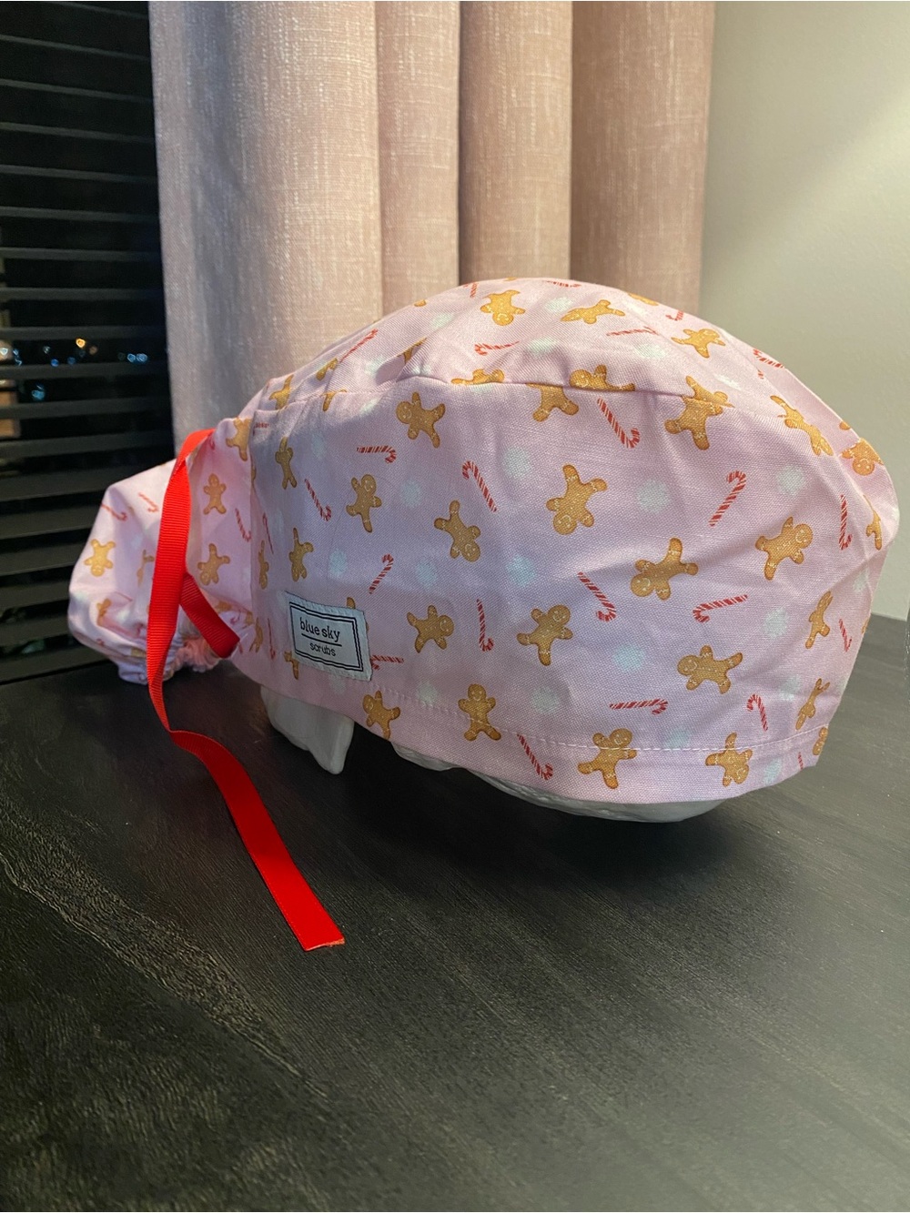 Blue Sky Pink Gingerbread Candy Cane Print Scrub Cap with Red Ties